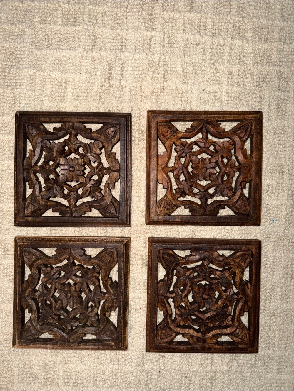 Set of 4 Carved Wood Wall Panels – Boho / Vintage Style Decor